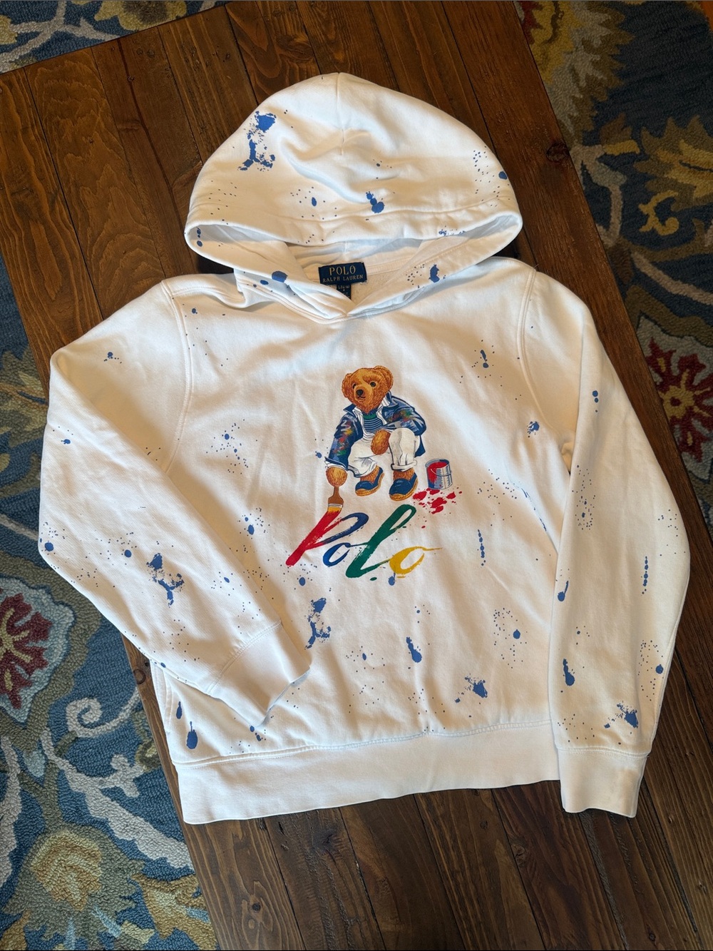 Polo by Ralph Lauren Bear Hoodie with Blue Paint Splatter